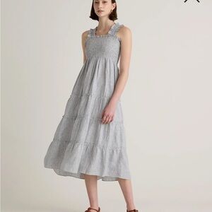 Quince European linen blue pinstripe smocked midi dress